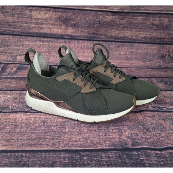 Puma Green Bronze Muse Metal Sz US7 Fashionable Footwear Rose Gold accents - Picture 1 of 9